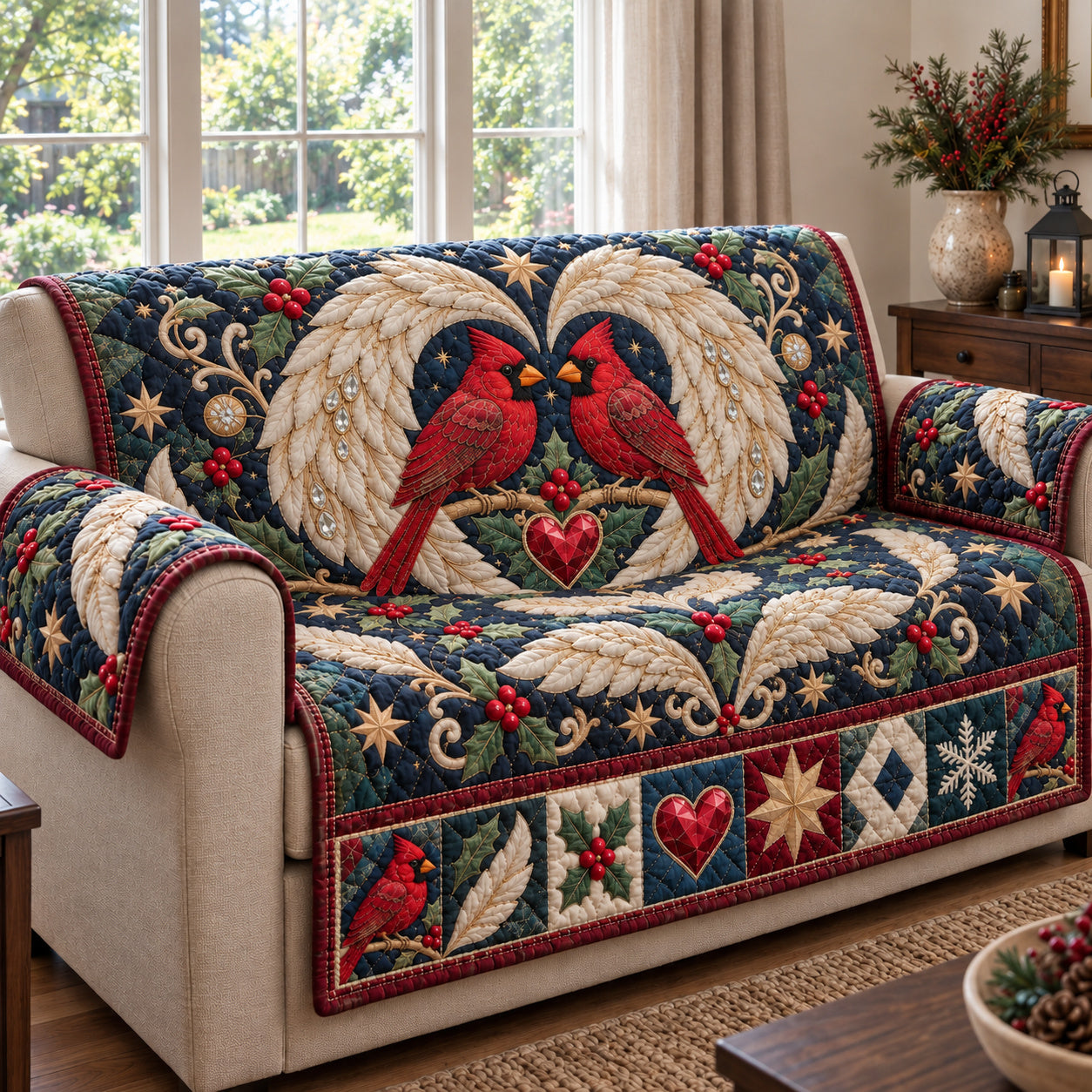 Red Cardinal Snowflakes Quilted Sofa Cover Christmas Home Decor Best Christmas Gifts