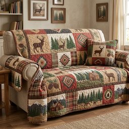 Lodge Deer Patchwork Quilted Sofa Cover Christmas Couch Decor Gifts For Husband
