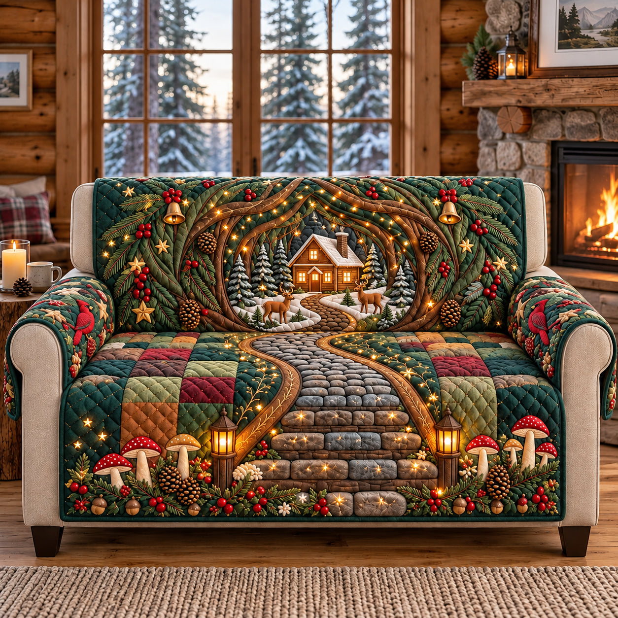 Enchanted Evergreen Tunnel Quilted Sofa Cover Home Decor Accessories Xmas Gifts