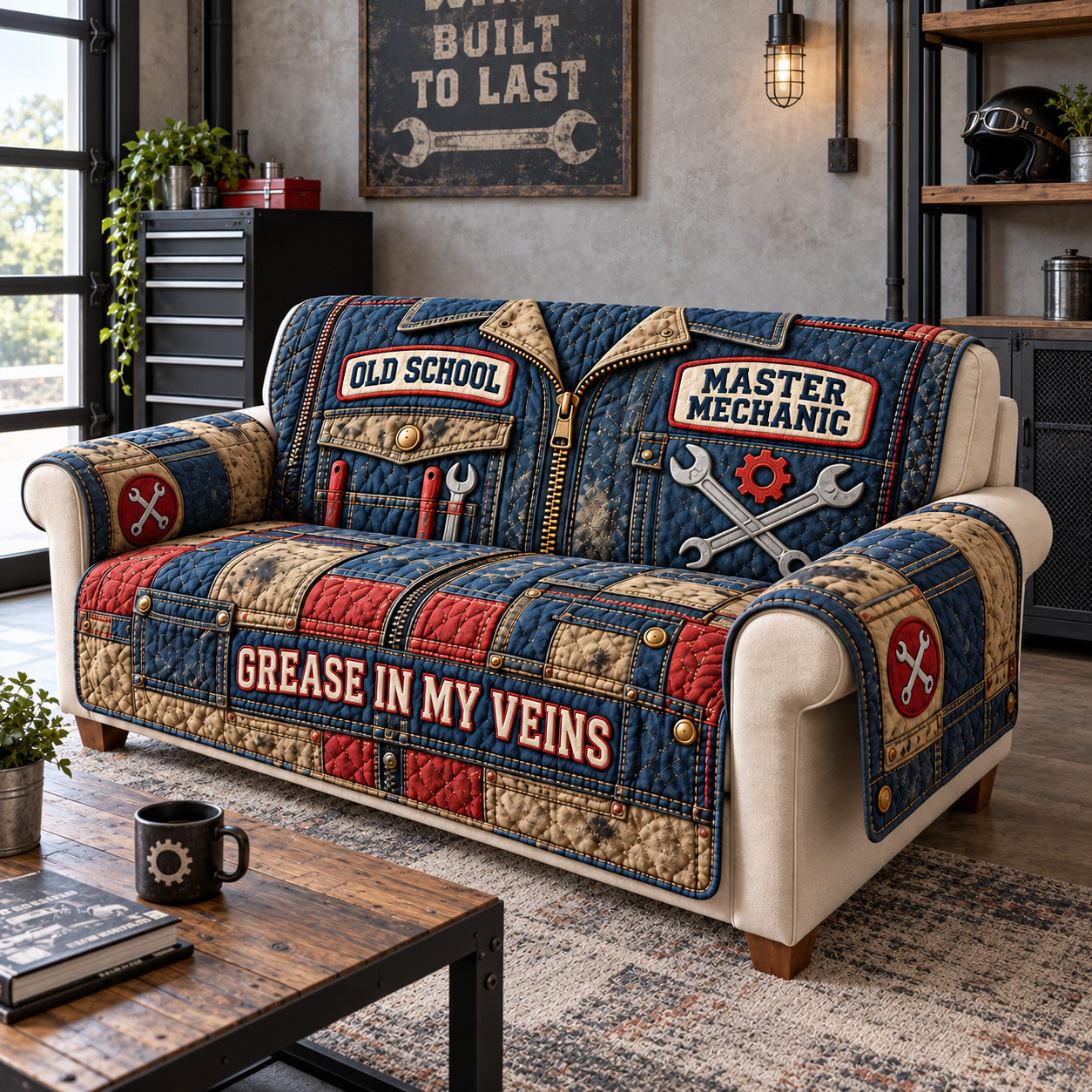 Old School Master Mechanic Quilted Sofa Cover Festive Sofa Cover Holiday Gifts