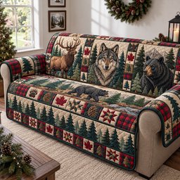 Rustic Woodland Meadow Quilted Sofa Cover Cozy Holiday Living Room Decor Xmas Gifts