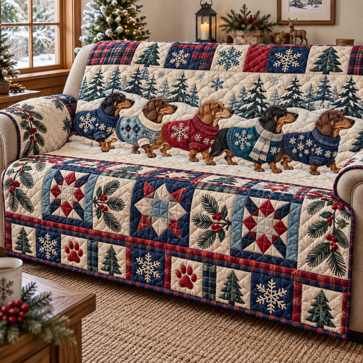 Dachshund Cuddles Quilted Sofa Cover Holiday Couch Covers Gift For Dog Lovers
