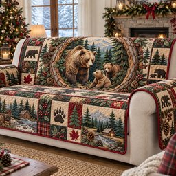 Bear Family Woodland Retreat Quilted Sofa Cover Cozy Living Room Decor Xmas Gifts