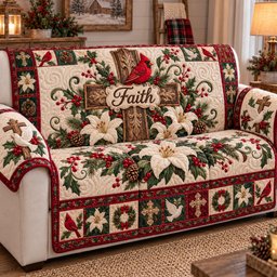 Cardinal Cross Blessings Quilted Sofa Cover Cozy Living Xmas Decor Gift For Parents