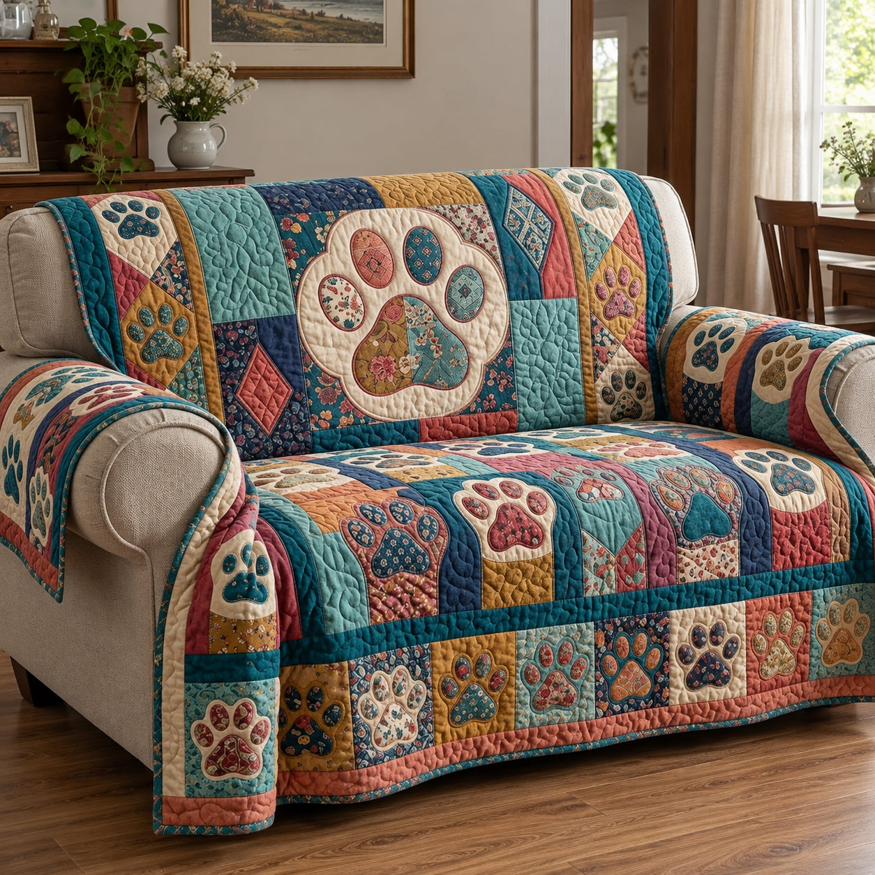 Bohemian Mosaic Paw Quilted Sofa Cover Cozy Living Holiday Decor Christmas Gifts