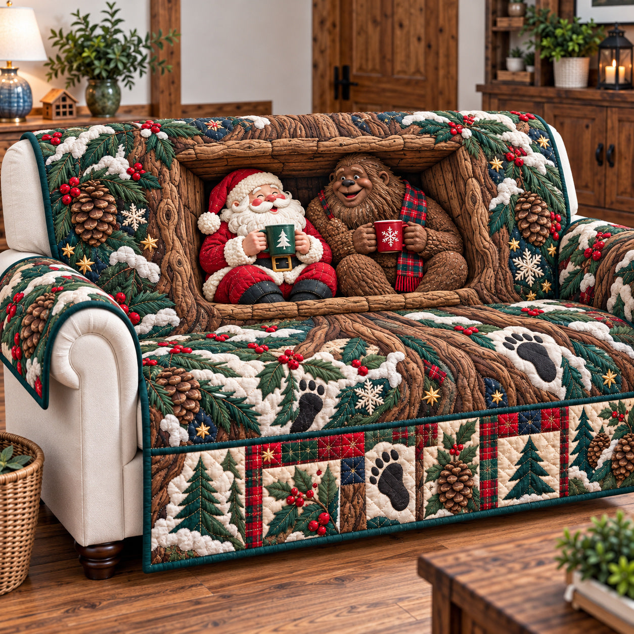Bigfoot Santa Claus Traditions Quilted Sofa Cover Quilted Couch Holiday Xmas Cover