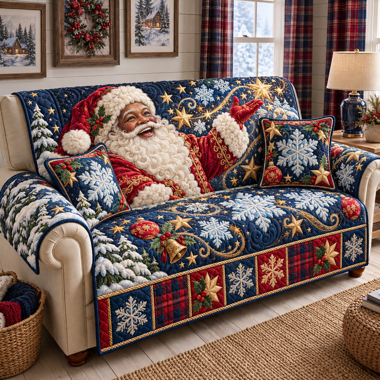 Santa Magical Winter Night Quilted Sofa Cover Christmas Couch Decor Xmas Gift For Family