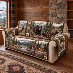 Mountain Wildlife Bear And Moose Quilted Sofa Cover Quilted Sofa Cover For Holidays