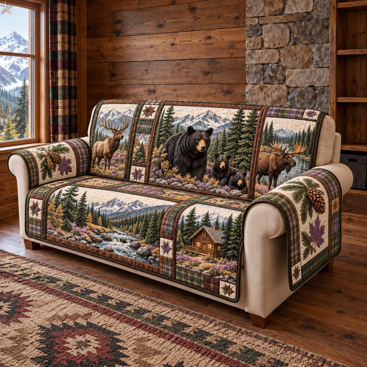 Mountain Wildlife Bear And Moose Quilted Sofa Cover Quilted Sofa Cover For Holidays