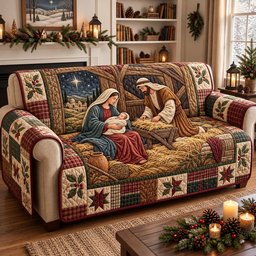 Nativity Scene Quilted Sofa Cover Festive Christmas Couch Cover Christian Gift