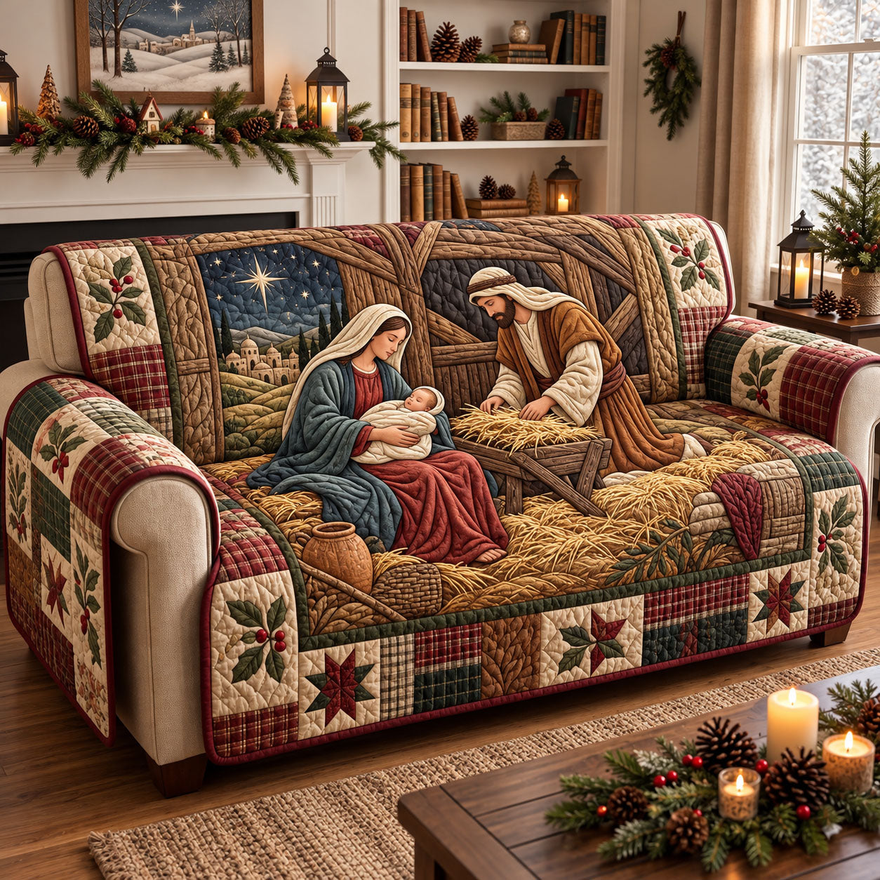 Nativity Scene Quilted Sofa Cover Festive Christmas Couch Cover Christian Gift