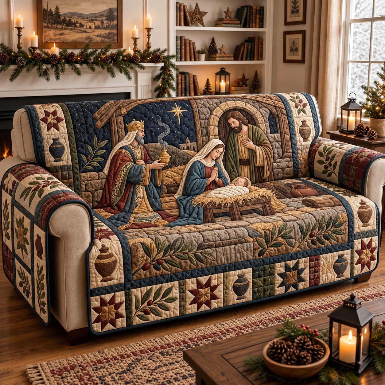Nativity Scene Quilted Sofa Cover Xmas Holiday Home Accessories Holiday Gifts