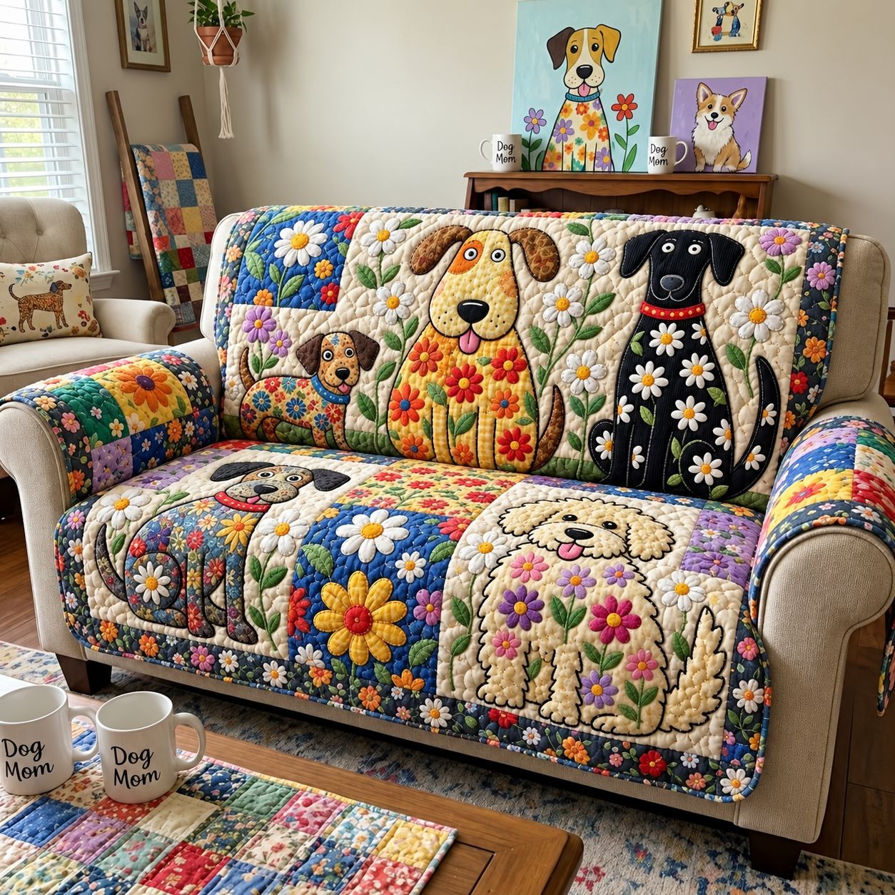 Blooming Dog Friends Quilted Sofa Cover Xmas Home Decor Funny Christmas Gifts