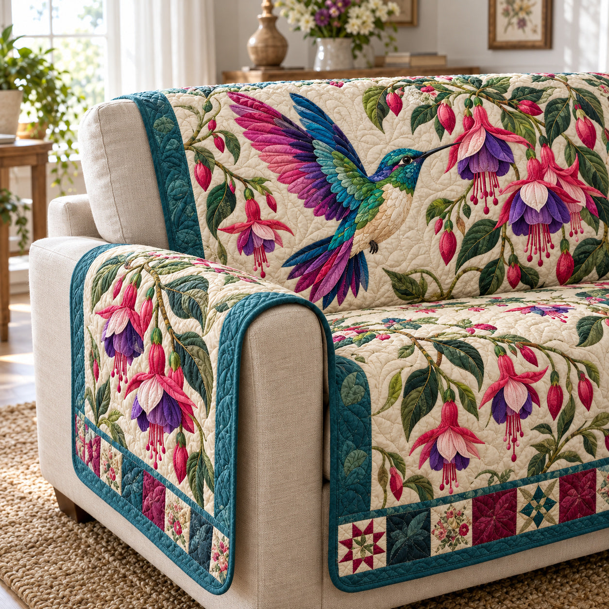 Hummingbird Elegance Quilted Sofa Cover Quilted Sofa Cover For Holidays Mom Gifts