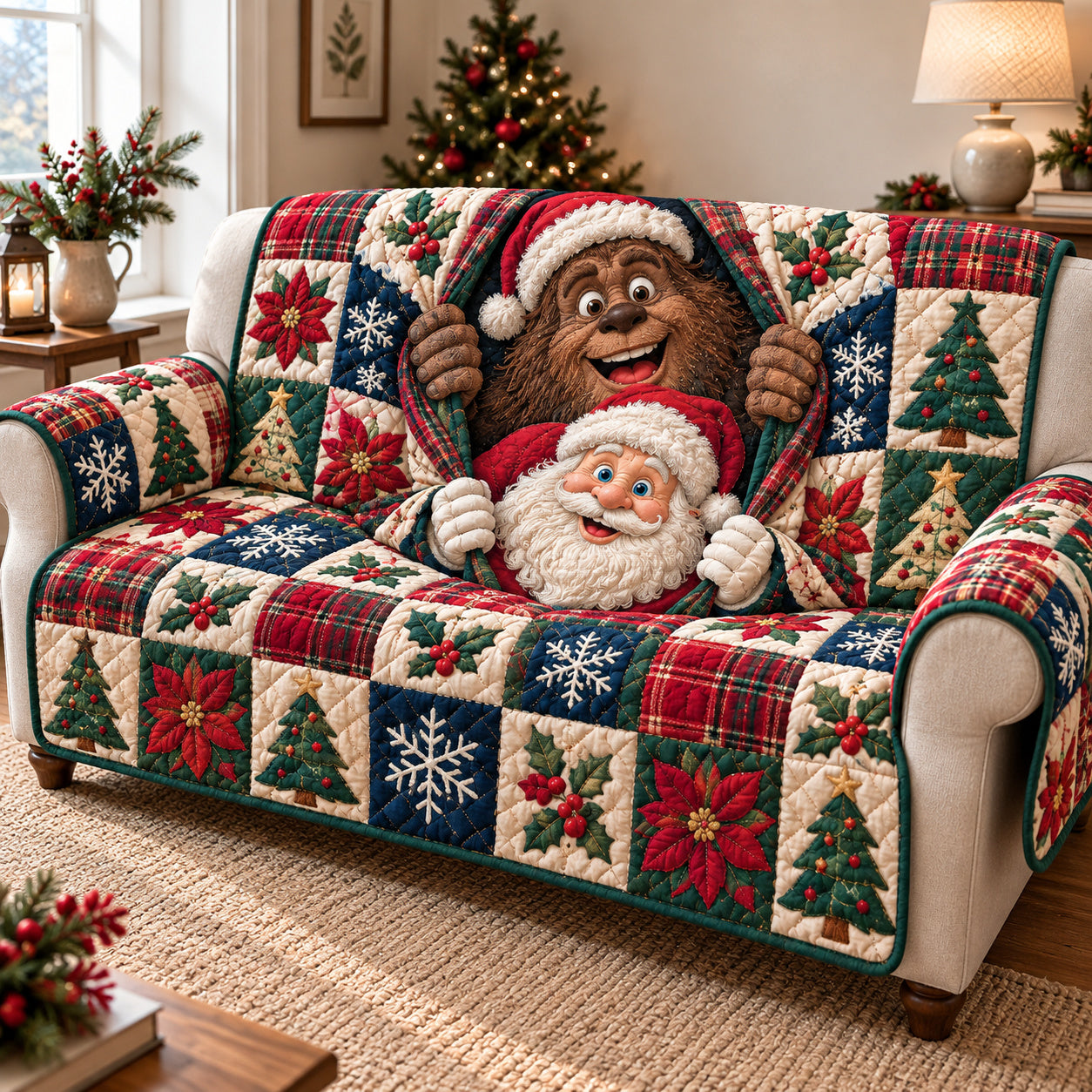 Bigfoot Santa Claus Joy Quilted Sofa Cover Quilted Couch Holiday Xmas Cover Mom Gifts