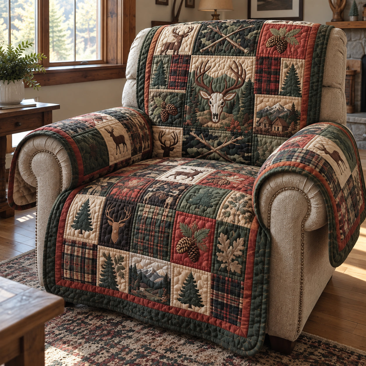 Hunting Lodge Deer Skull Quilted Sofa Cover Quilted Sofa Cover For Holidays Dad Gifts