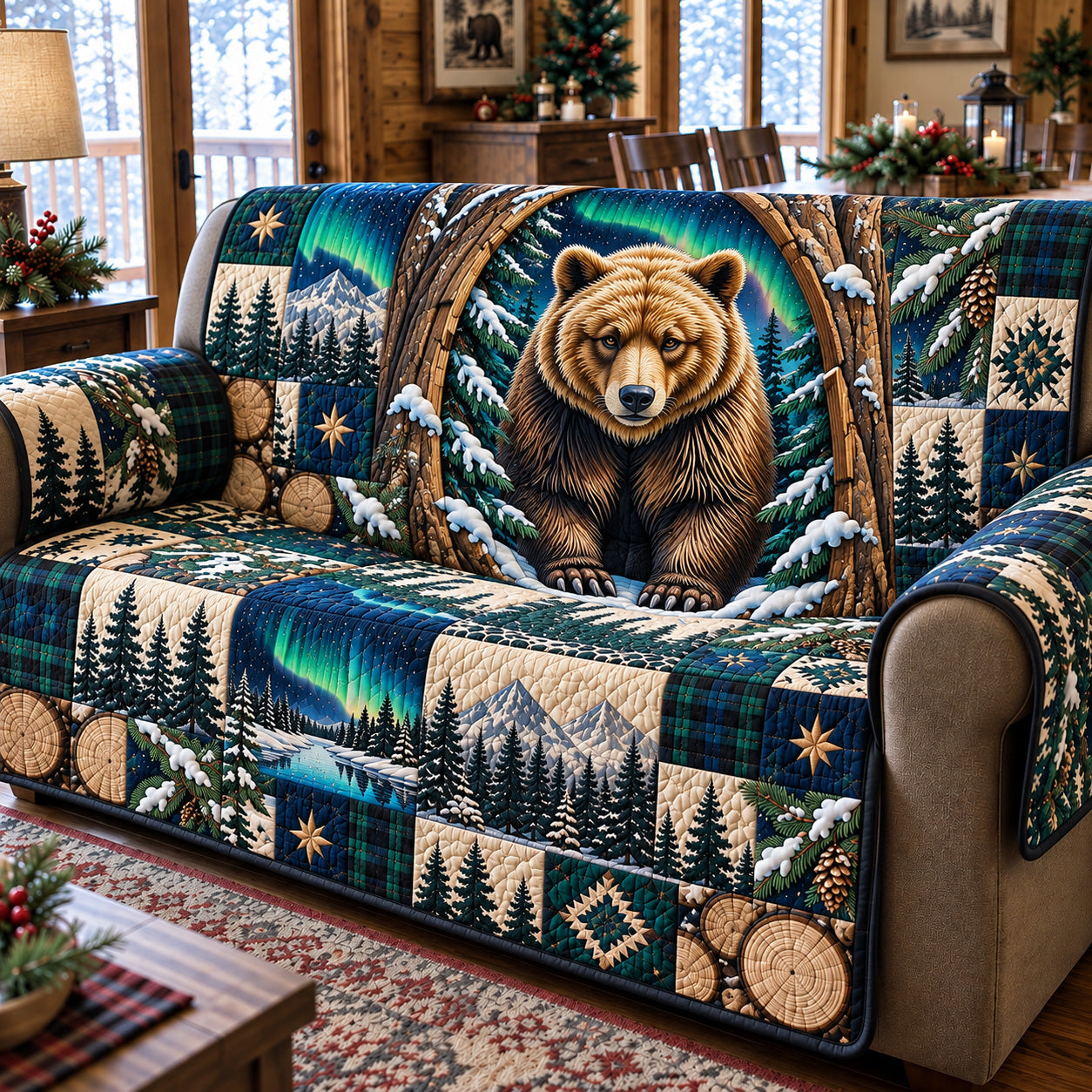 Northern Lights Forest Bear Quilted Sofa Cover Quilted Sofa Cover Holiday Decor Gifts