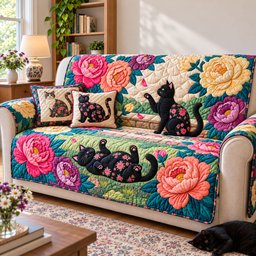 Blooming Black Cats Quilted Sofa Cover Xmas Home Decor Christmas Presents