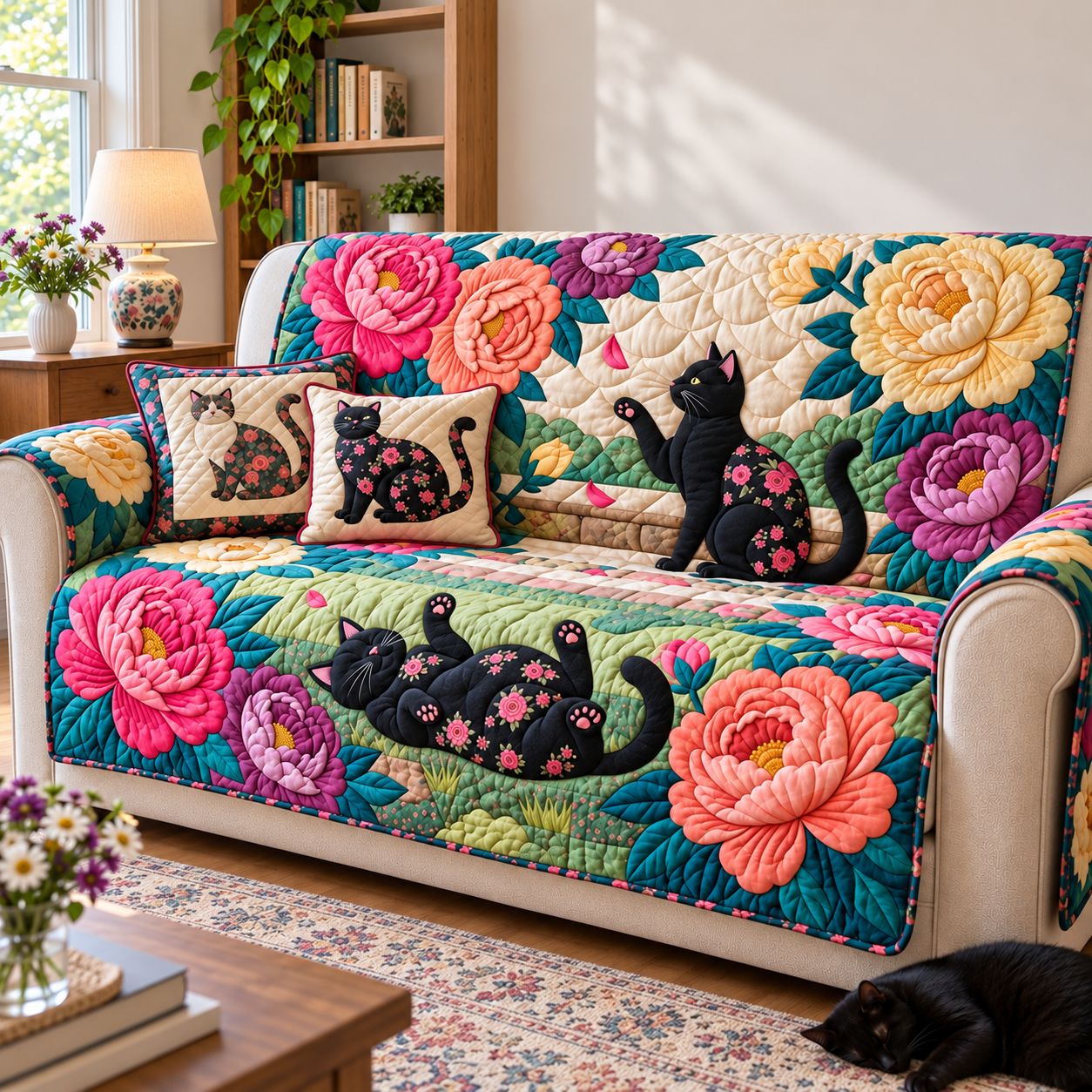 Blooming Black Cats Quilted Sofa Cover Xmas Home Decor Christmas Presents