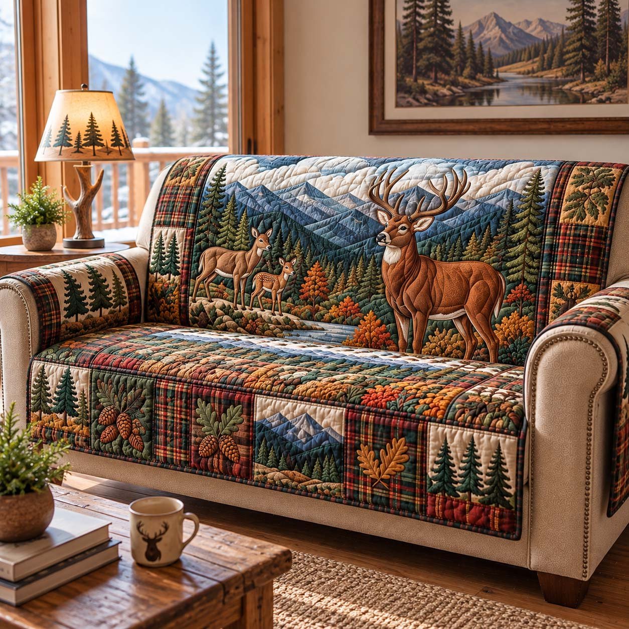 Autumn Mountain Deer Quilted Sofa Cover Quilted Couch Cover Best Christmas Gift Ideas_