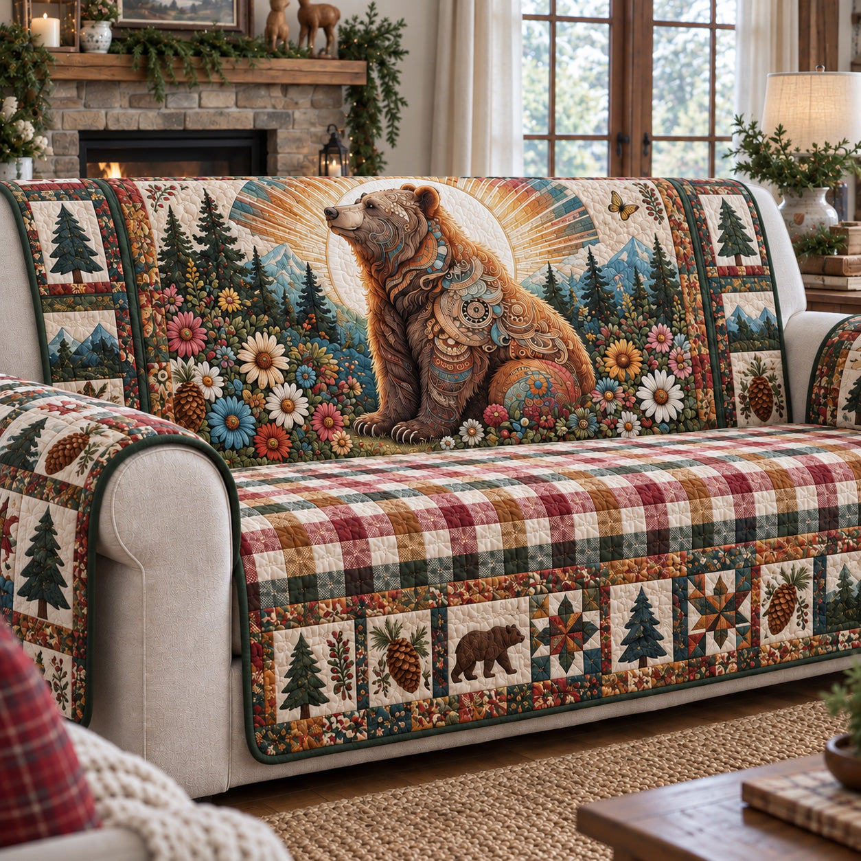 Boho Bear Wildflower Garden Quilted Sofa Cover Cozy Living Holiday Decor Xmas Gifts