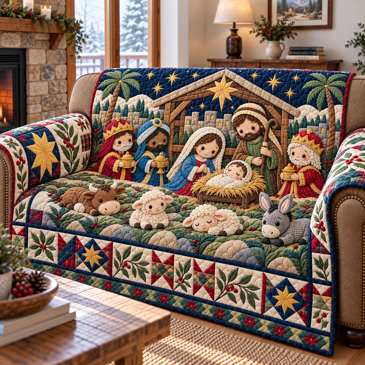 Nativity Bethlehem Journey Quilted Sofa Cover Winter Sofa Cover Xmas Gifts