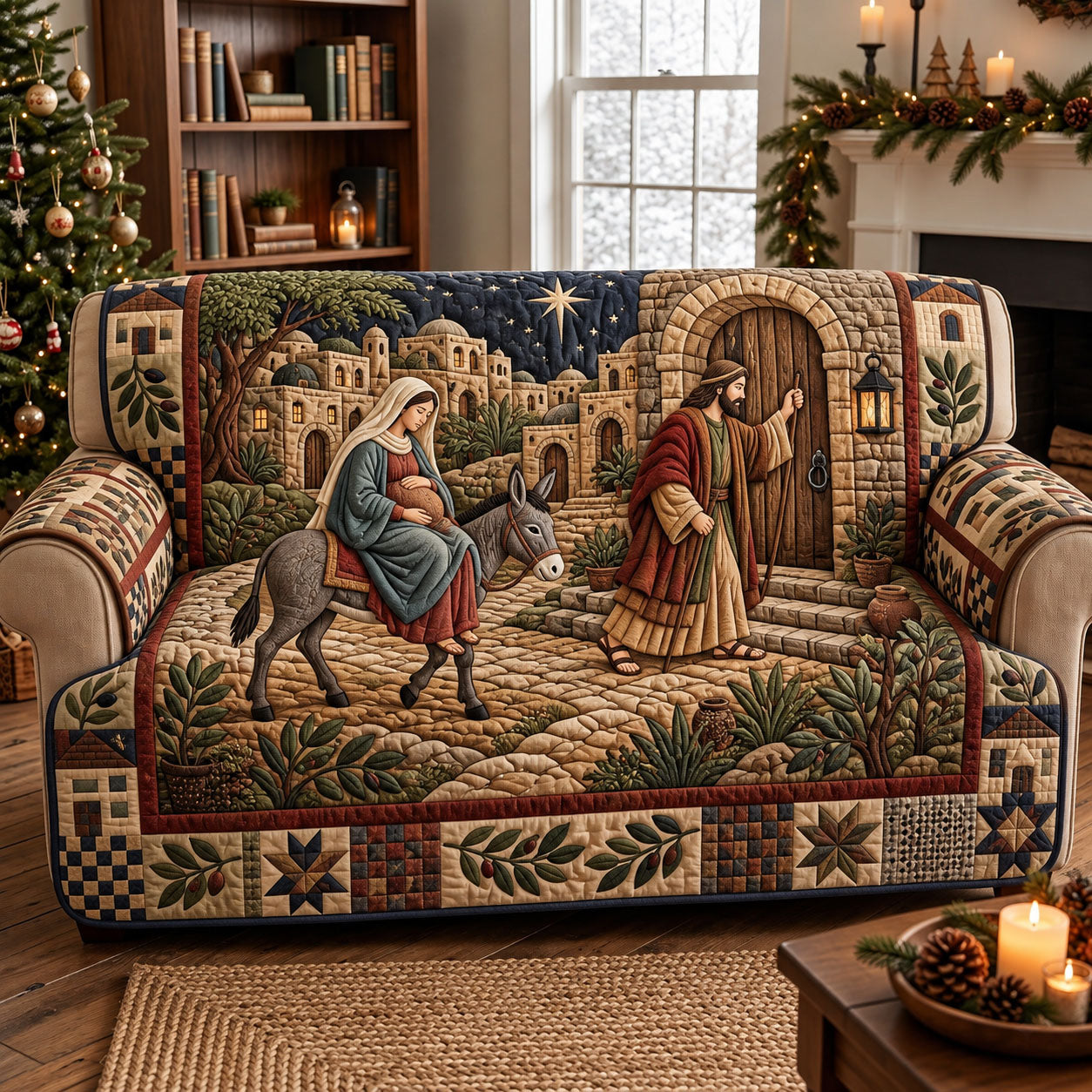 Nativity Scene Quilted Sofa Cover Xmas Couch Decoration Xmas Gifts For Men