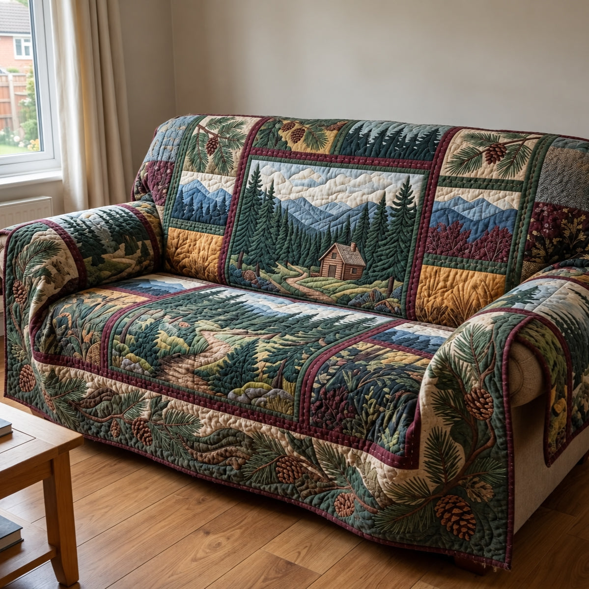 Pine Forest Cabin Quilted Sofa Cover Seasonal Couch Cover Best Christmas Gift Ideas_