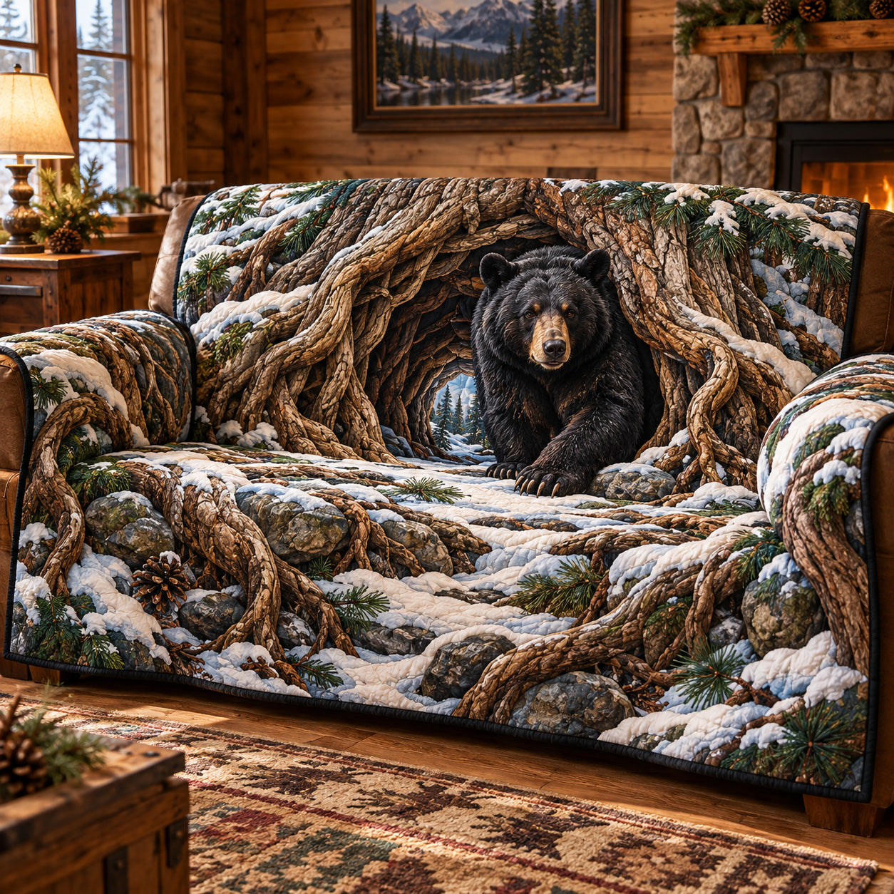 Forest Bear Quilted Sofa Cover Holiday Living Room Decor Christmas Gifts
