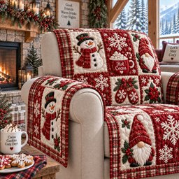 Crimson Yule Magic Quilted Sofa Cover Holiday Quilted Couch Cover Holiday Gifts