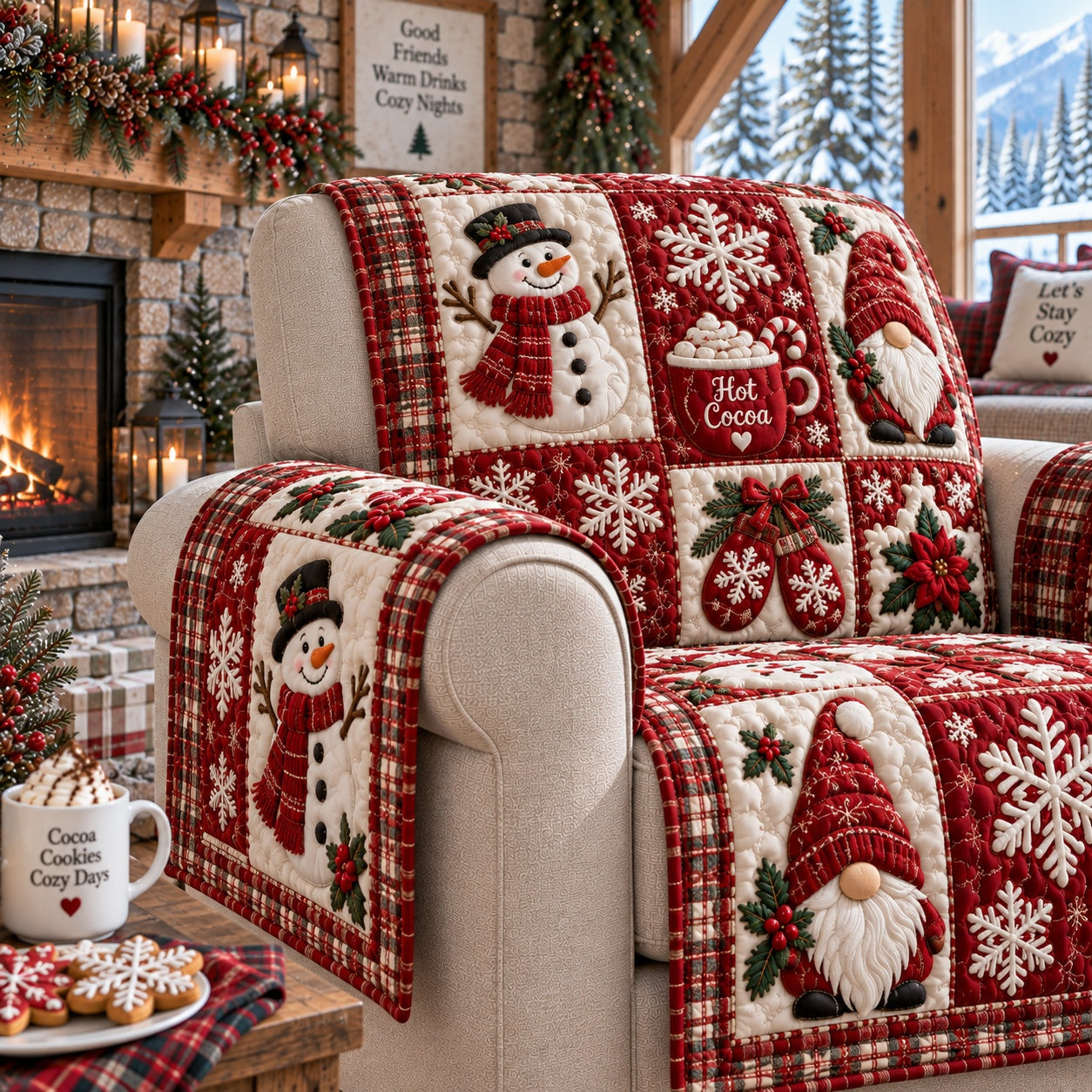 Crimson Yule Magic Quilted Sofa Cover Holiday Quilted Couch Cover Holiday Gifts