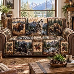 Autumn Wildlife Cabin Quilted Sofa Cover Holiday Quilted Couch Cover Xmas Gift