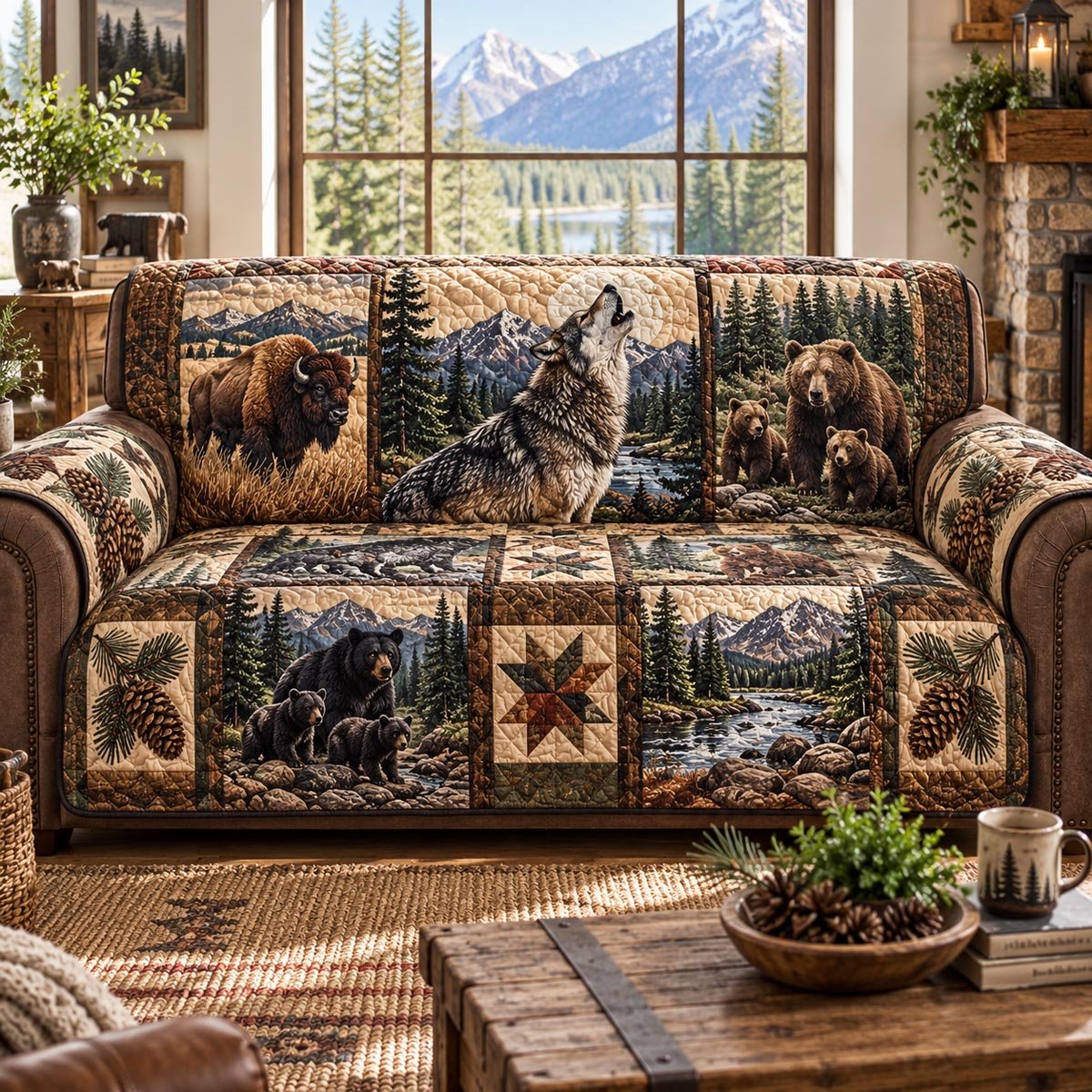 Autumn Wildlife Cabin Quilted Sofa Cover Holiday Quilted Couch Cover Xmas Gift