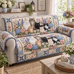Cottage Cat Garden Quilted Sofa Cover Xmas Sofa Protector Gift For Cat Owns