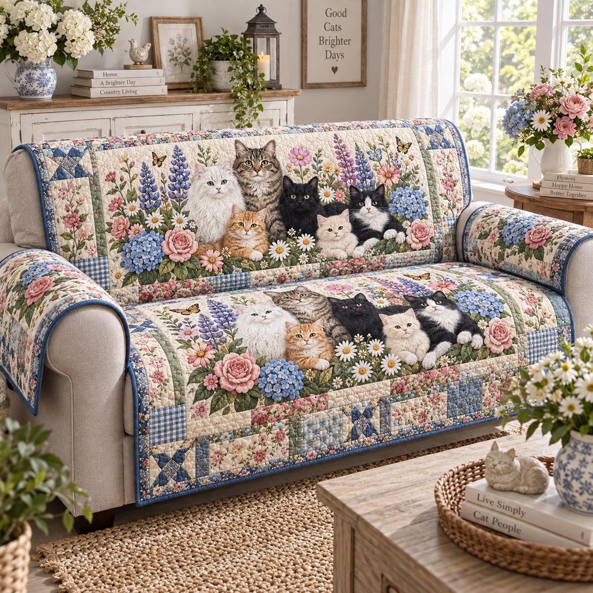 Cottage Cat Garden Quilted Sofa Cover Xmas Sofa Protector Gift For Cat Owns