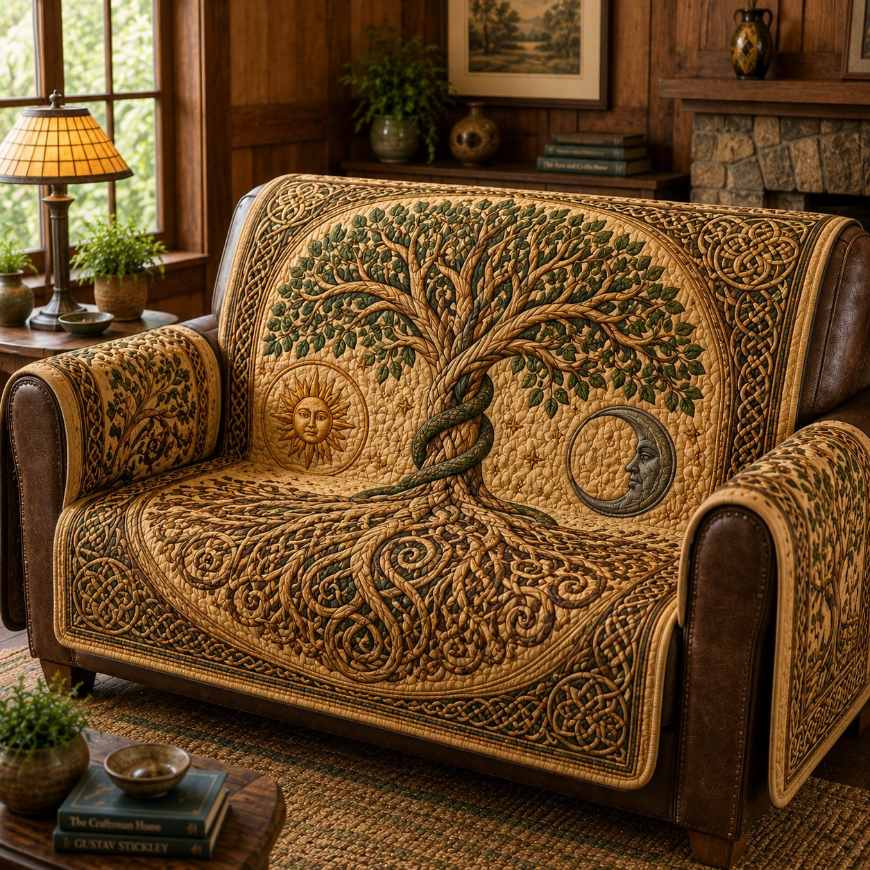 Celestial Equilibrium Timber Quilted Sofa Cover Cozy Christmas Home Decor Him Gift
