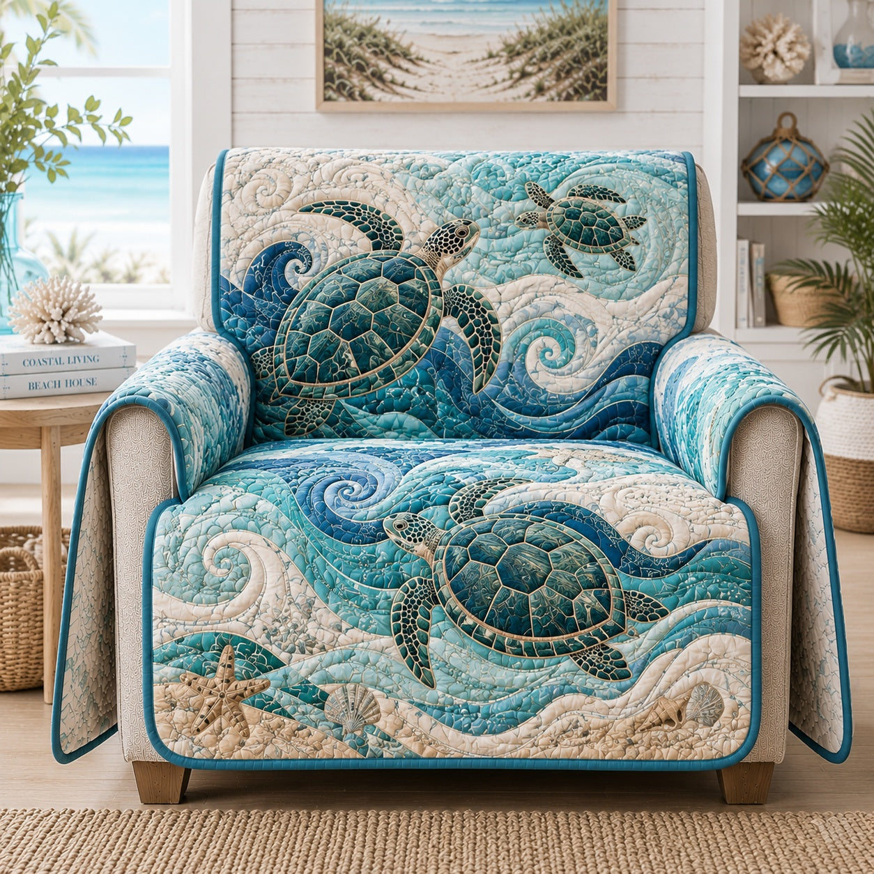 Cresting Sapphire Surf Quilted Sofa Cover Christmas Sofa Protector Gift For Xmas