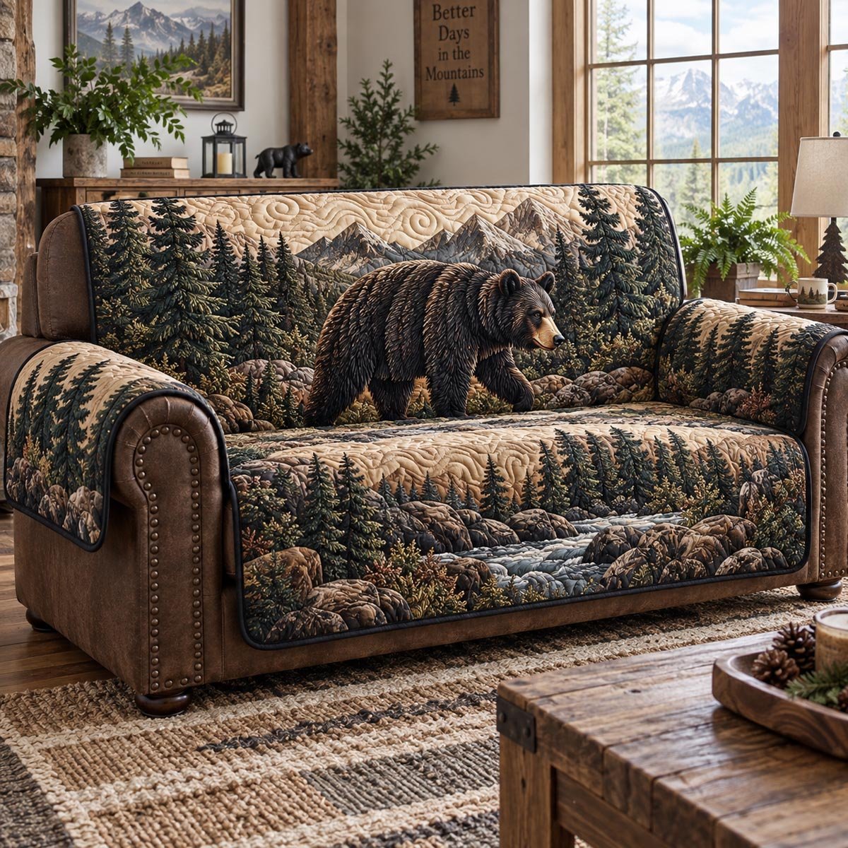 Black Bear Forest Quilted Sofa Cover Cozy Christmas Home Decor Xmas Gifts For Men