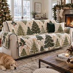 Emerald Yule Pines Quilted Sofa Cover Xmas Quilted Sofa Cover For Cozy Living Rooms