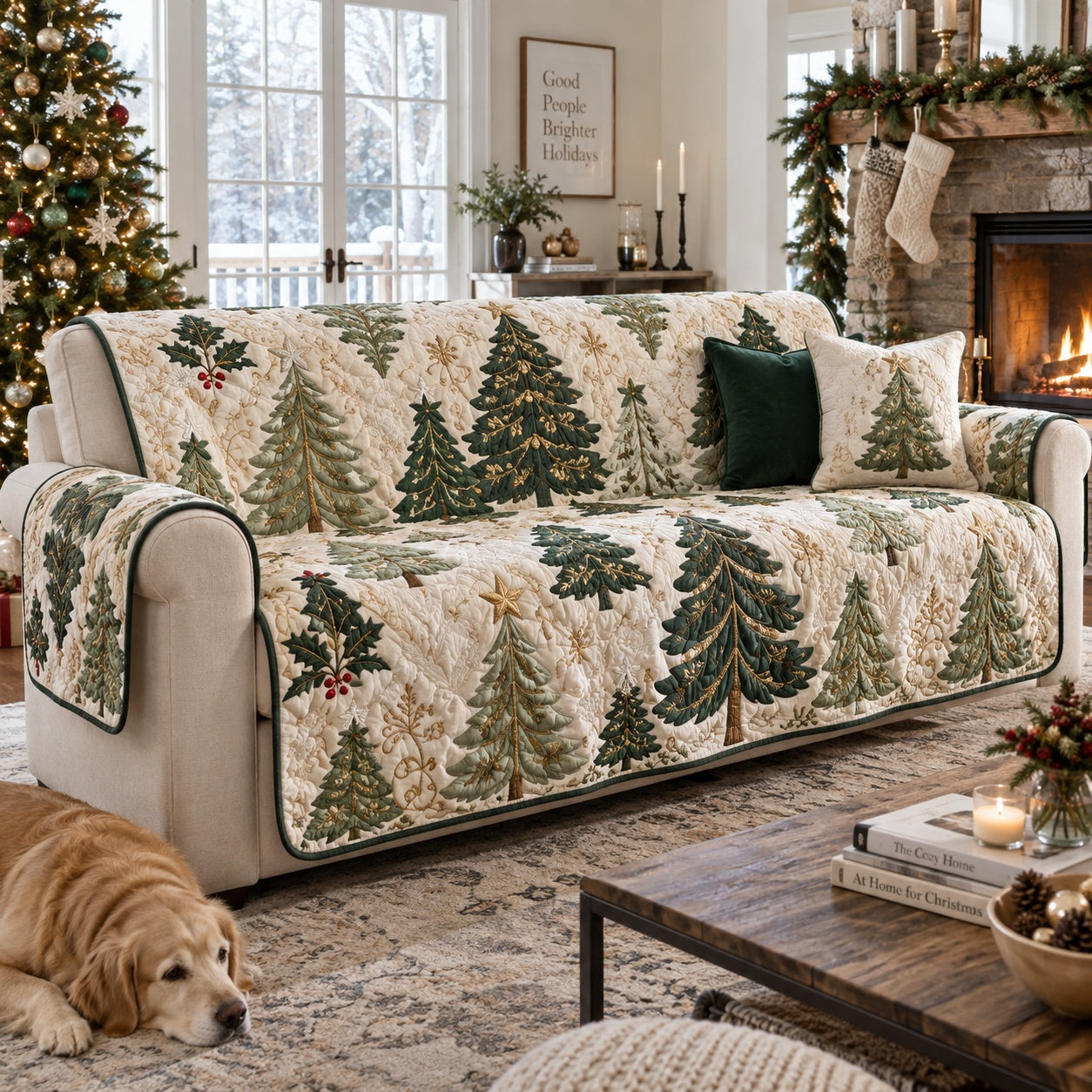Emerald Yule Pines Quilted Sofa Cover Xmas Quilted Sofa Cover For Cozy Living Rooms