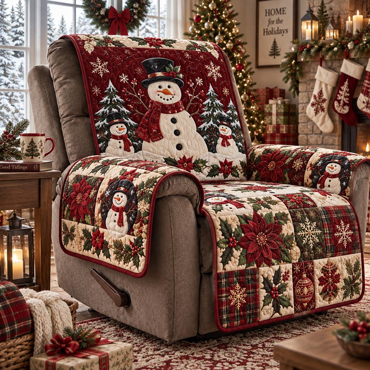 Crimson Snowman Christmas Quilted Sofa Cover Quilted Couch Cover Gift For Xmas