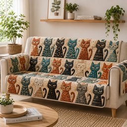 Ornate Feline Charm Quilted Sofa Cover Quilted Living Room Decor Xmas Gift For Cat Lover