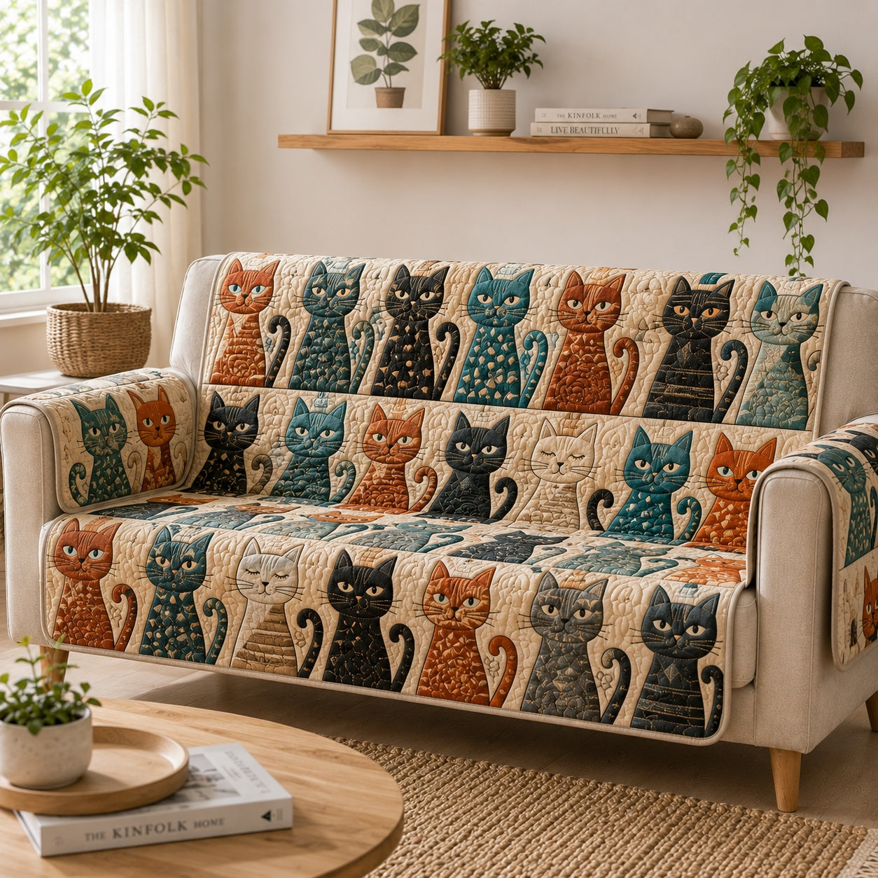 Ornate Feline Charm Quilted Sofa Cover Quilted Living Room Decor Xmas Gift For Cat Lover