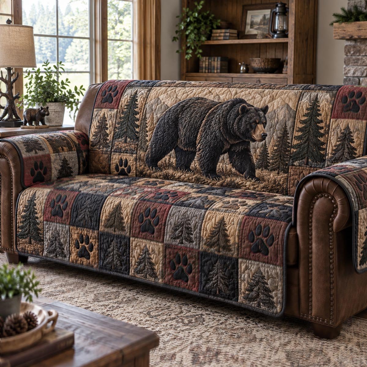 Bear Forest Lodge Quilted Sofa Cover Holiday Furniture Cover Christmas Present Ideas