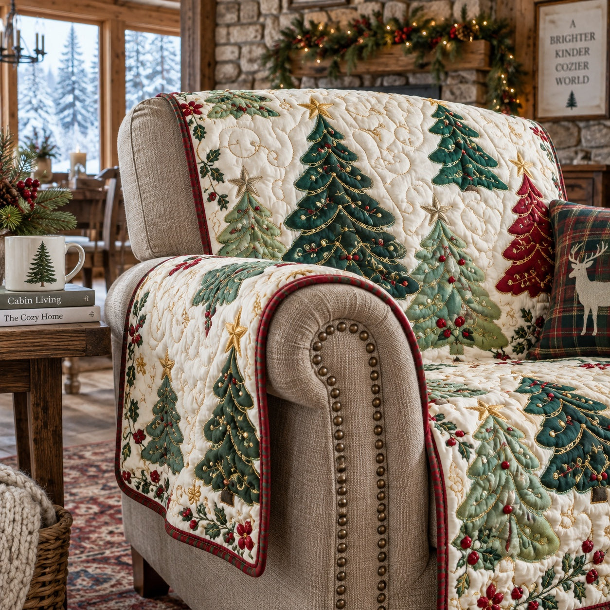 Starry Evergreen Grove Quilted Sofa Cover Quilted Sofa Protector For Christmas Season