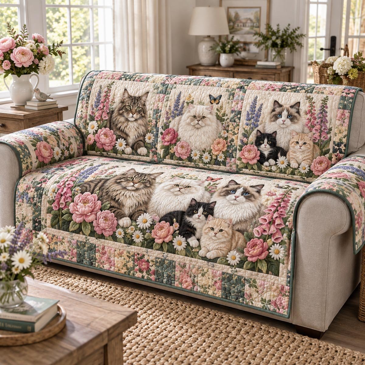 Garden Cat Parade Quilted Sofa Cover Christmas Sofa Cover Xmas Gift For Cat Lover