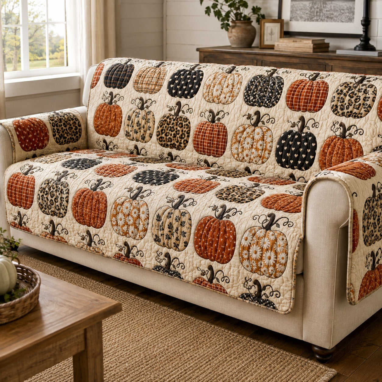 Patterned Pumpkins Quilted Sofa Cover Christmas Sofa Protector Secret Santa Gifts
