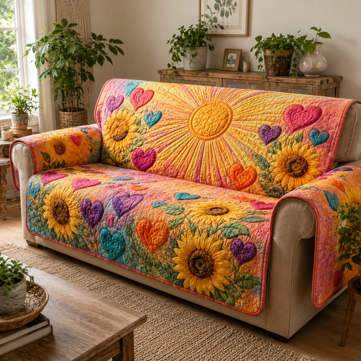 Joyful Blossom Gleam Quilted Sofa Cover Quilted Sofa Cover Gift For Holidays