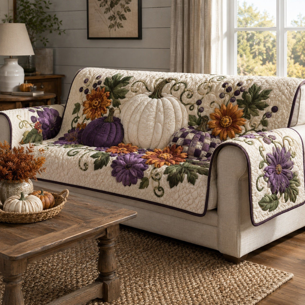 Purple Harvest Quilted Sofa Cover Holiday Living Room Decor Gift For Grandma