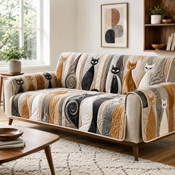Earthy Feline Waves Quilted Sofa Cover Holiday Home Decor Cat Lovers Gifts